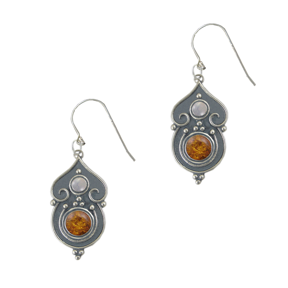 Sterling Silver Gothic Inspired Drop Dangle Earrings With Amber